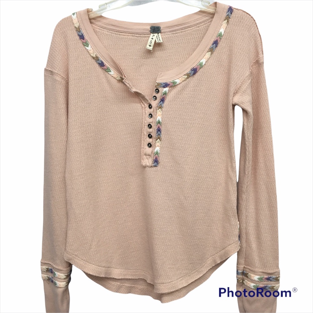 We The Free Blush Pink Long Sleeve Thermal Top with Embroidered Trim